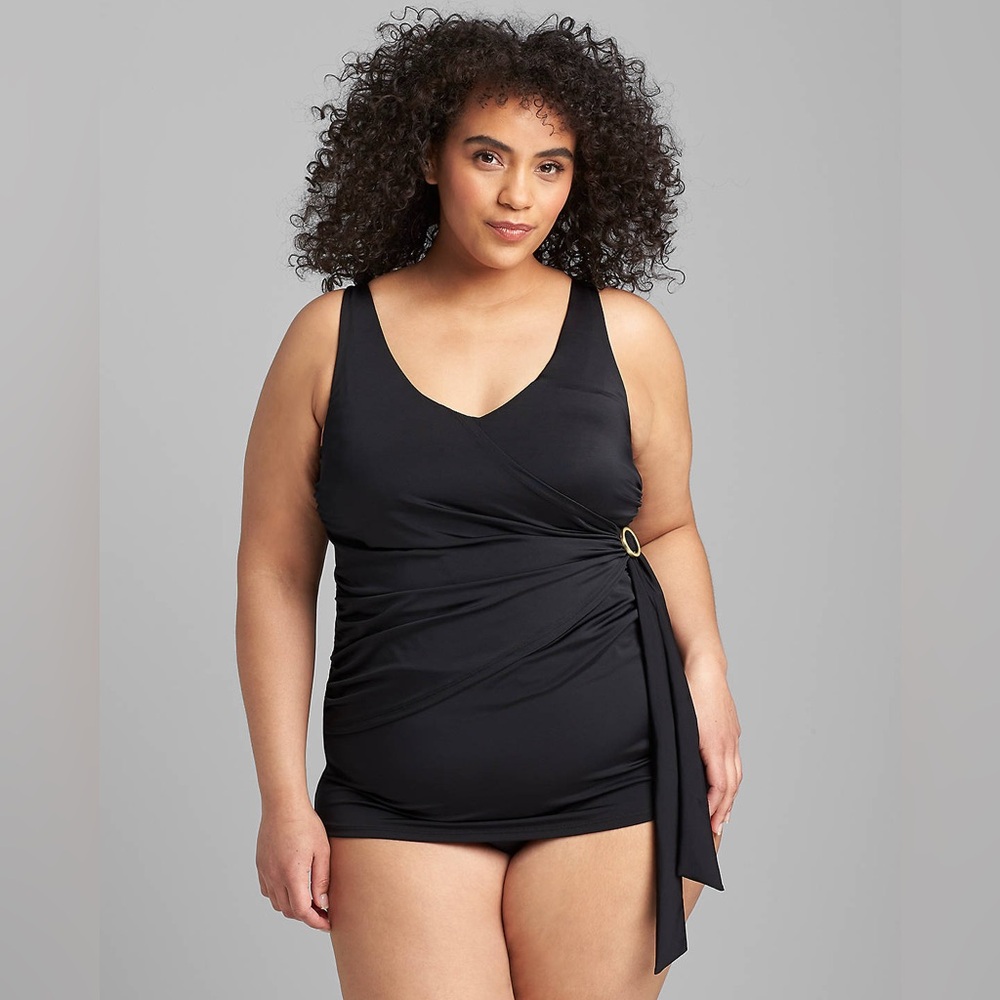 Cacique | Black Fitted Faux-Wrap No-Wire Swim Tankini Top